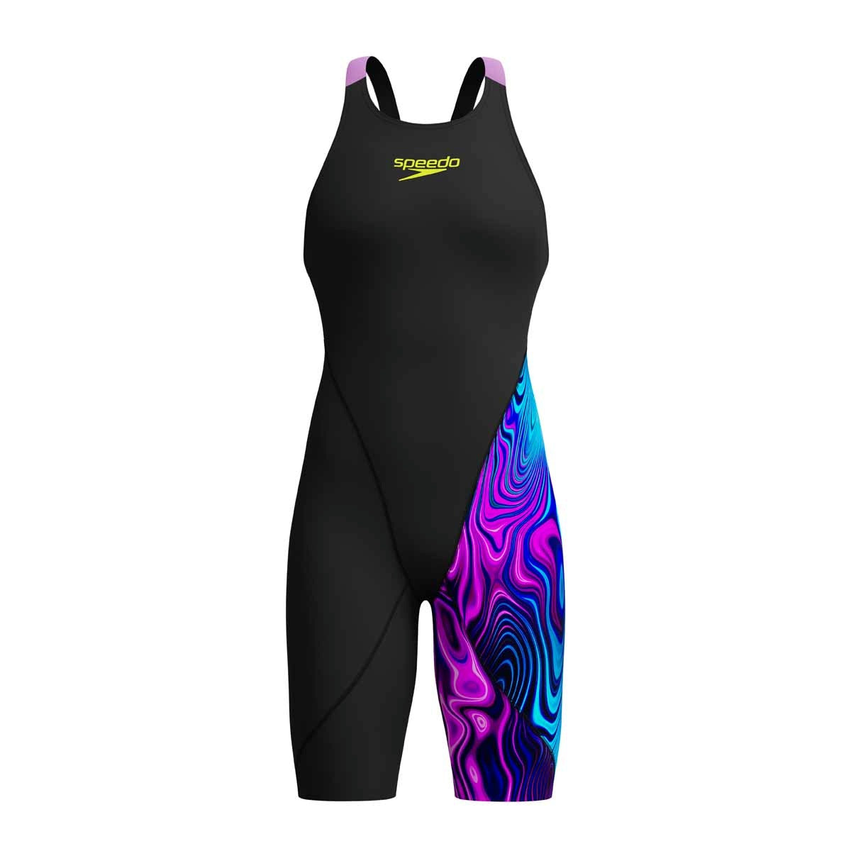Speedo Girls Fastskin Junior LZR Ignite kneeskin in black and purple, designed for competitive swimming and training.