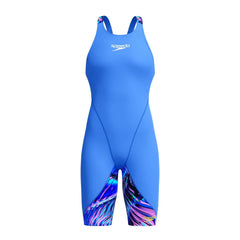 Speedo Women's Fastskin LZR Ignite Blue Kneesuit, form-fitting swimwear designed for competitive swimming, shown on a model.