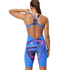 Blue Speedo Women's Fastskin LZR Ignite Kneeskin suit, close-up of sleek, fitted competitive swimming kneesuit with Speedo branding.