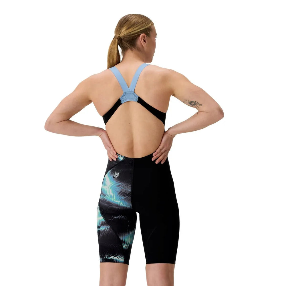 Speedo Women's Fastskin LZR Ignite Kneeskin swimsuit in black with electro static design, made for competitive swimming.