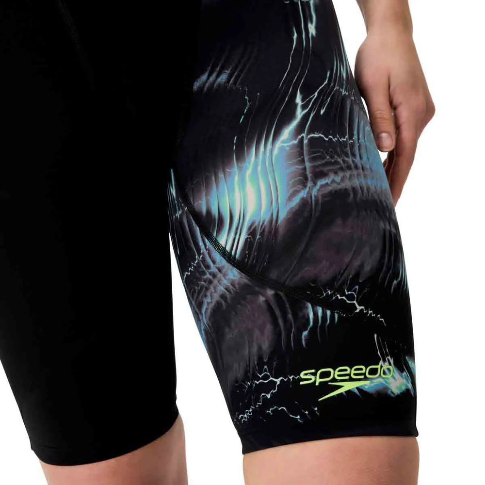 Speedo Women's Fastskin LZR Ignite kneesuit in electro static black, sleek and form-fitting swimwear for competitive swimming.
