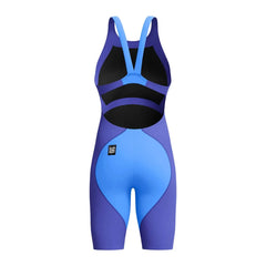Speedo Women's Fastskin LZR Ignite purple kneesuit, close-up view showing sleek fabric and fit for competitive swimming.