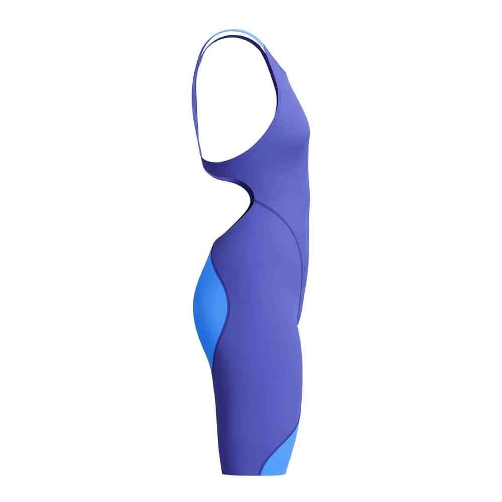 Speedo Women's Fastskin LZR Ignite purple kneeskin swimsuit, close-up view of sleek, form-fitting design for competitive swimming.