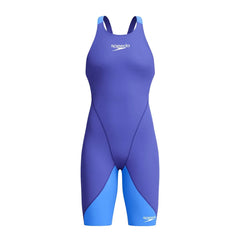 Speedo Women's Fastskin LZR Ignite purple kneeskin swimsuit for competitive swimming, close-up of the fitted fabric and sleek design.