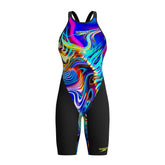 Speedo Women's Fastskin LZR Pure Valor 2.0 openback kneesuit in black and molten blur, showing close-up of sleek, form-fitting design.