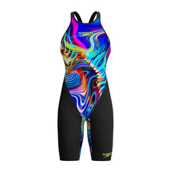 Speedo Women's Fastskin LZR Pure Valor 2.0 openback kneesuit in black and molten blur, showing close-up of sleek, form-fitting design.