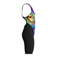 Speedo Women’s Fastskin LZR Pure Valor 2.0 openback kneesuit in black and molten blur, featuring sleek design and performance-focused fabric.