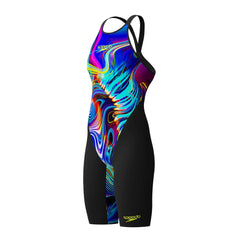 Speedo Women's Fastskin LZR Pure Valor 2.0 openback kneesuit in black and molten blur, showcasing sleek fabric and open back design.