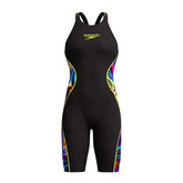 Speedo Women's Fastskin LZR Pure Intent 2.0 openback kneesuit in black, molten blur, and hyper yellow with sleek design.