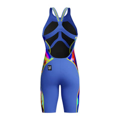 Speedo Women's Fastskin LZR Pure Intent 2.0 openback kneeskin in dark blue, close-up showing sleek design and fabric texture.