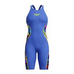 Speedo Women's Fastskin LZR Pure Intent 2.0 openback kneeskin in dark blue, close-up of sleek, fitted swimwear for competitive swimmers.