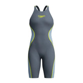 Speedo Women's Fastskin LZR Pure Intent 2.0 openback kneeskin in grey lead, Acadia blue, and hyper yellow, showing the sleek design and open back.