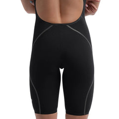 Speedo Women's Fastskin LZR Pure Intent 2 openback kneeskin swimsuit in black with iridescent accents, designed for competitive swimming.