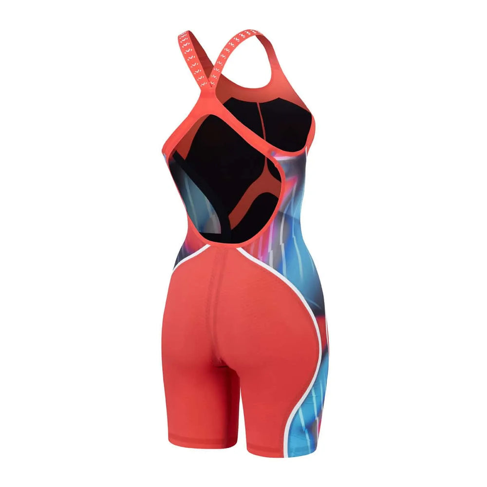 Speedo Women's Fastskin LZR Pure Intent 2 openback kneeskin in Flame Red, Picton Blue, and Snow Reflective for competitive swimming.