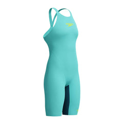 Speedo Women's Fastskin LZR Pure Valor 2.0 openback kneesuit in Arctic Glass, close-up of sleek, high-performance swimwear fabric.
