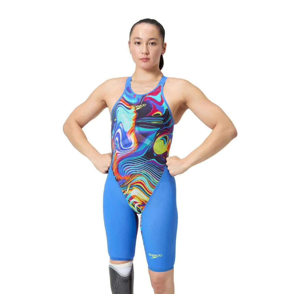 Speedo Women's Fastskin LZR Pure Valor 2.0 openback kneeskin in dark blue, designed for competitive swimming.