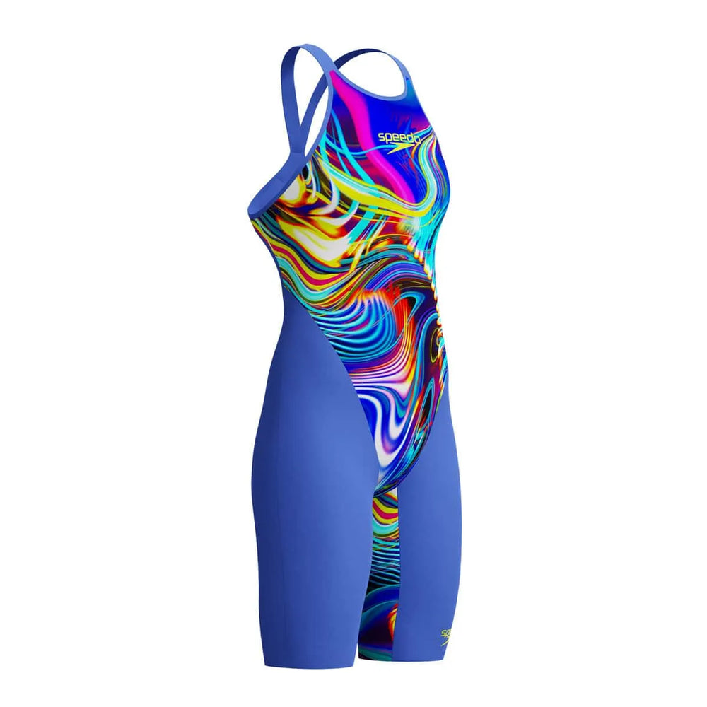 Speedo Women's Fastskin LZR Pure Valor 2.0 openback kneesuit in dark blue, designed for competitive swimming.