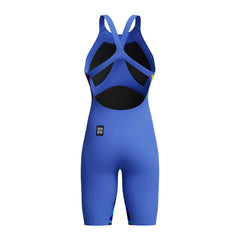 Speedo Women's Fastskin LZR Pure Valor 2.0 openback kneeskin in dark blue, close-up view of sleek swimwear fabric.