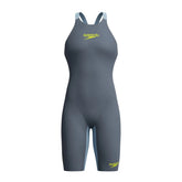 Speedo Women's Fastskin LZR Pure Valor 2.0 openback kneesuit in grey lead and Acadia Blue, designed for competitive swimming.