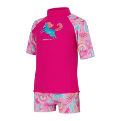 Speedo girls' short sleeve printed rash guard set in pink and blue, designed for swimming and sun protection for ages 4 and up.