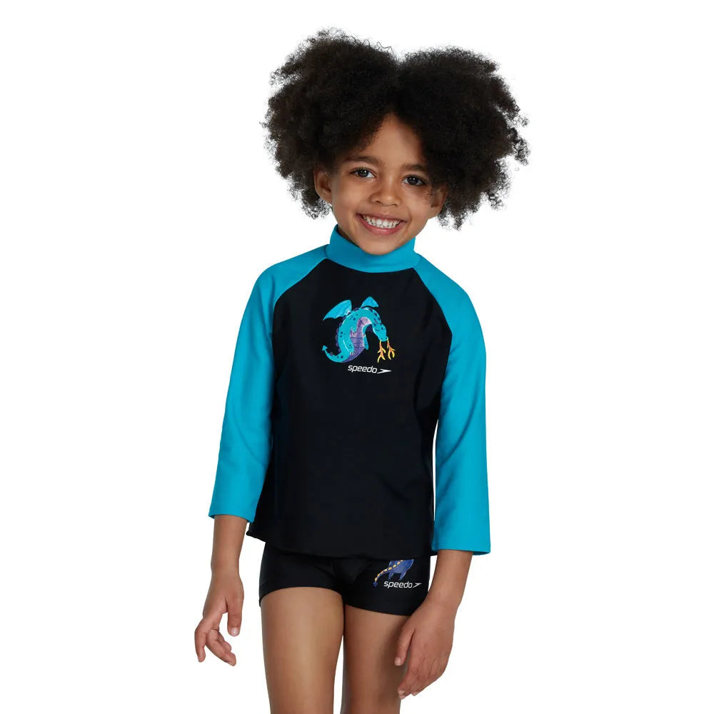 Speedo boys' long sleeve printed rash top in black and blue, perfect for swimming and sun protection.