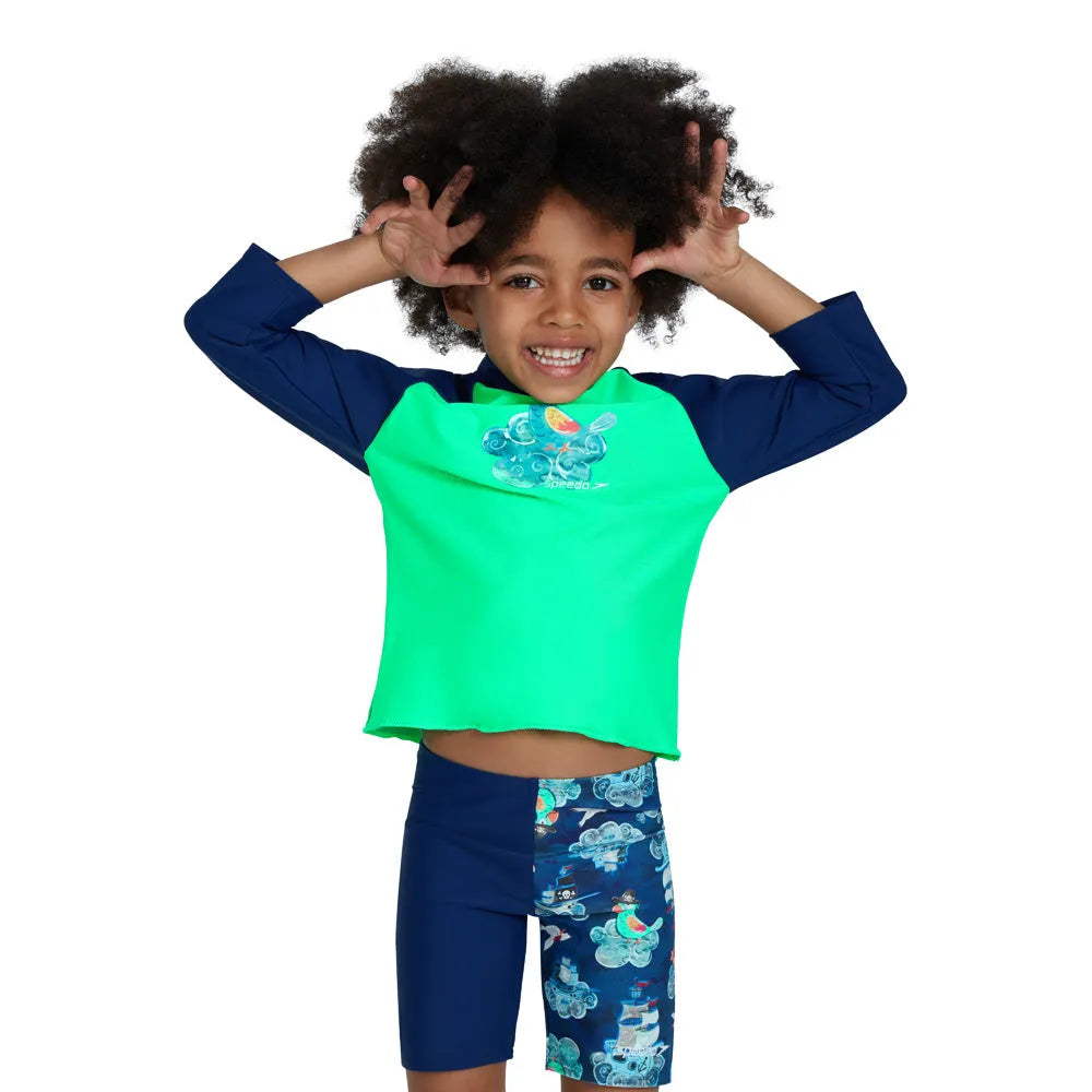 Speedo boys' long sleeve printed rash guard in green and blue, designed for swim protection and sun safety.