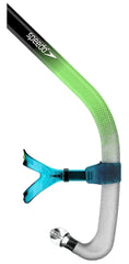 Speedo Printed Bullet Head Snorkel in Hypersonic Blue with adjustable strap and mouthpiece for snorkeling adventures.