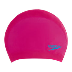 Pink Speedo long hair swimming cap for juniors, made of durable silicone, designed to keep long hair secure during swim practice.