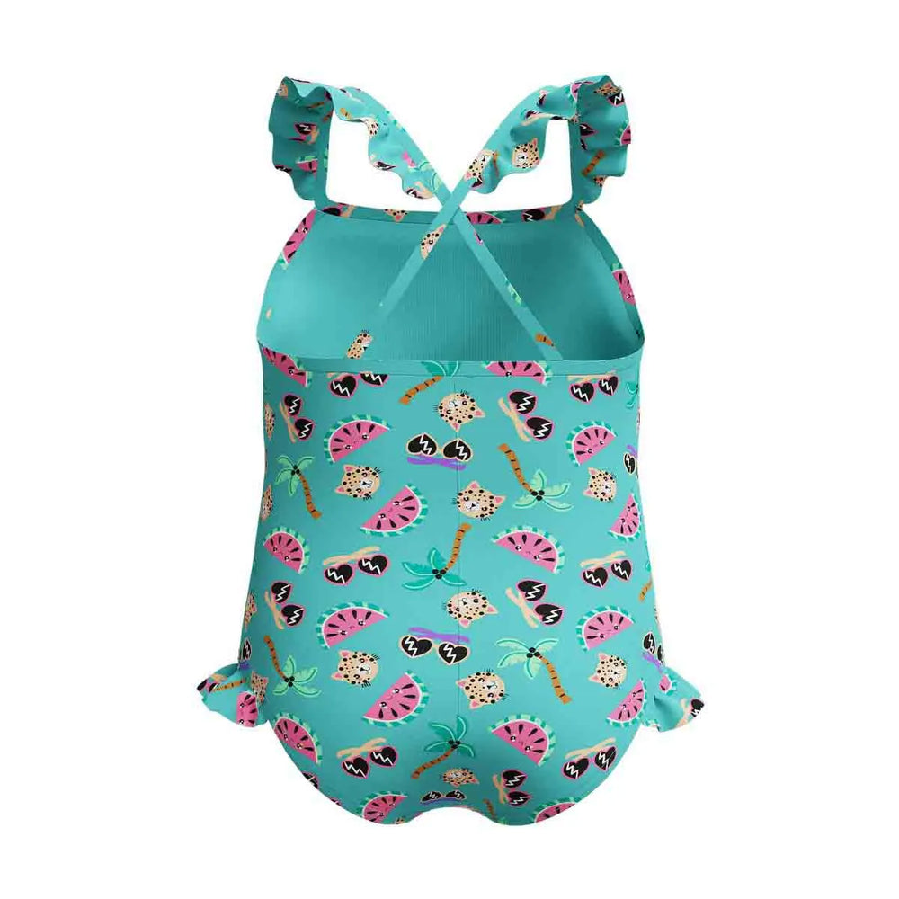 Speedo girls' digital frill thinstrap swimsuit in Arctic Glass with colorful print, designed for young swimmers.