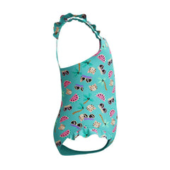 Speedo girls' digital frill thinstrap swimsuit in Arctic Glass, featuring a colorful pattern and adjustable straps for a comfortable fit.