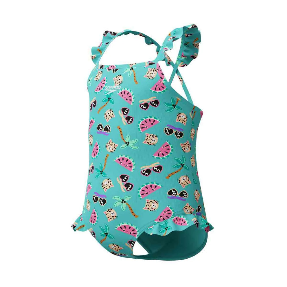 Speedo girls' digital frill thinstrap swimsuit in Arctic Glass with colorful digital print and ruffle details on the straps.