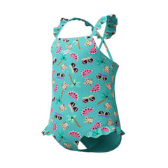 Speedo girls' digital frill thinstrap swimsuit in Arctic Glass with colorful digital print and ruffle details on the straps.