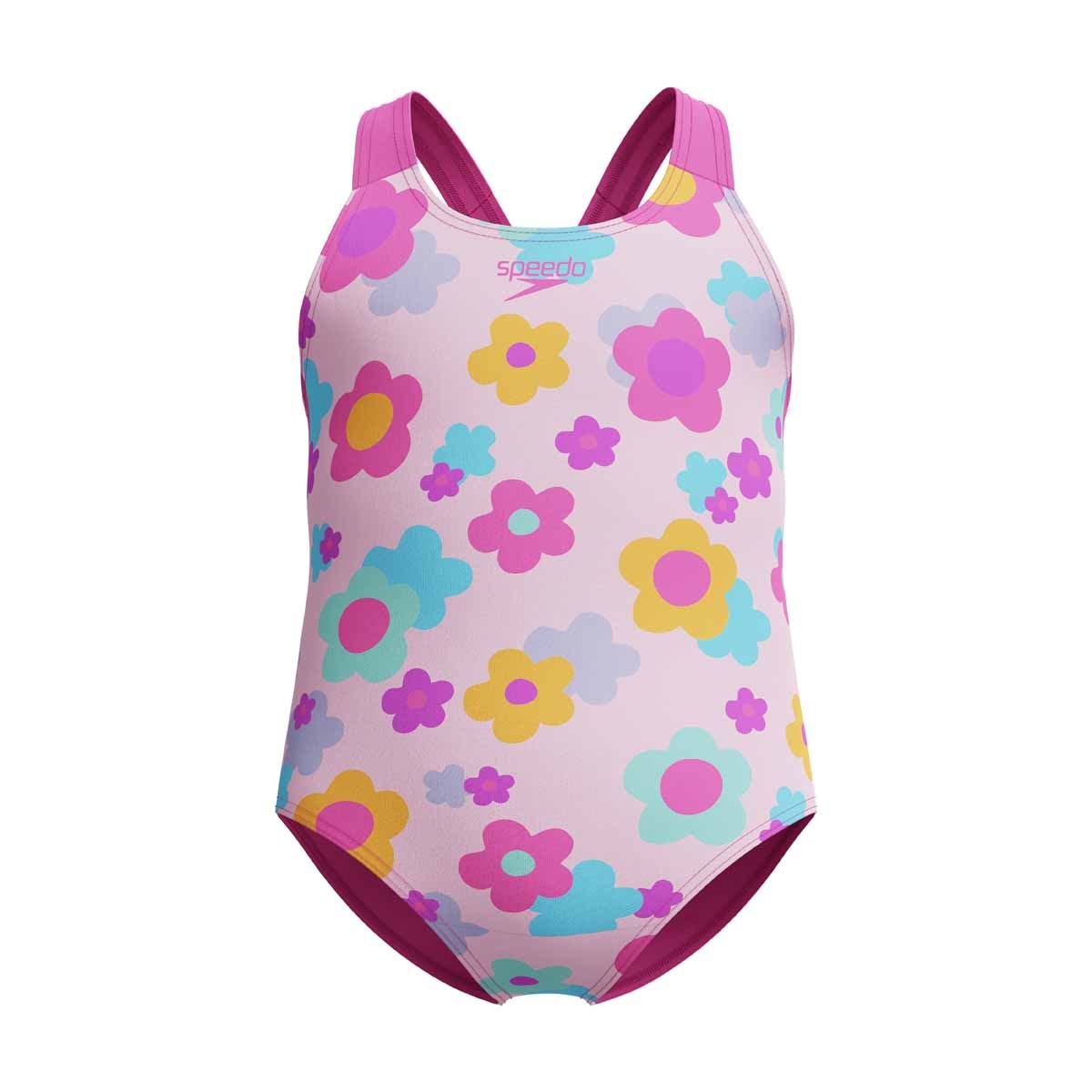 Speedo girls' printed neon flamingo racerback 1-piece swimsuit, colorful design, suitable for young swimmers.