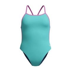 Speedo women's solid V-back swimsuit in Arctic Glass, featuring a sleek design and comfortable fit for swimming.