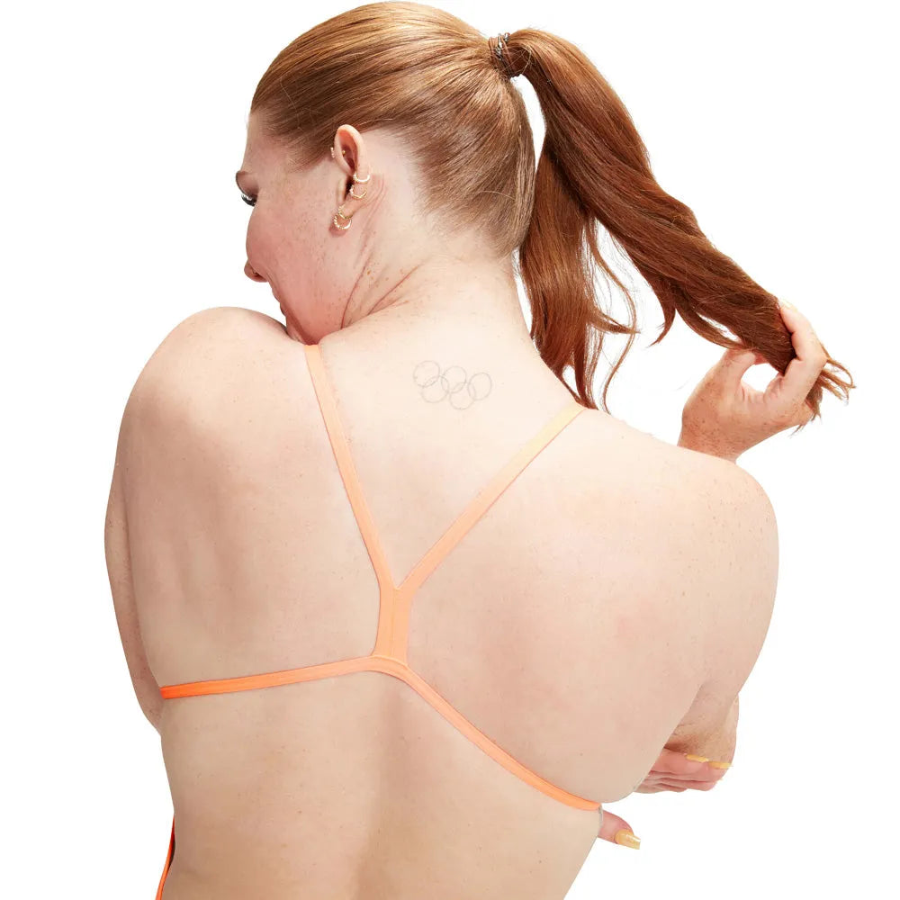 Speedo women's allover digital V-back swimsuit in Disco Peach, Curious Coral, Bitter Lime, Curious Blue, and Arctic Glass.