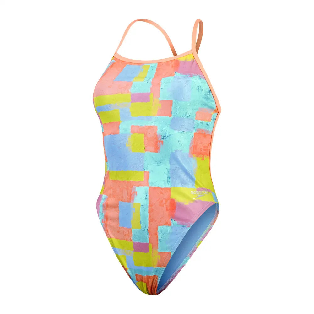 Speedo women's allover digital V-back swimsuit in Disco Peach, Curious Coral, Bitter Lime, Curious Blue, and Arctic Glass.