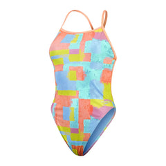 Speedo women's allover digital V-back swimsuit in Disco Peach, Curious Coral, Bitter Lime, Curious Blue, and Arctic Glass.