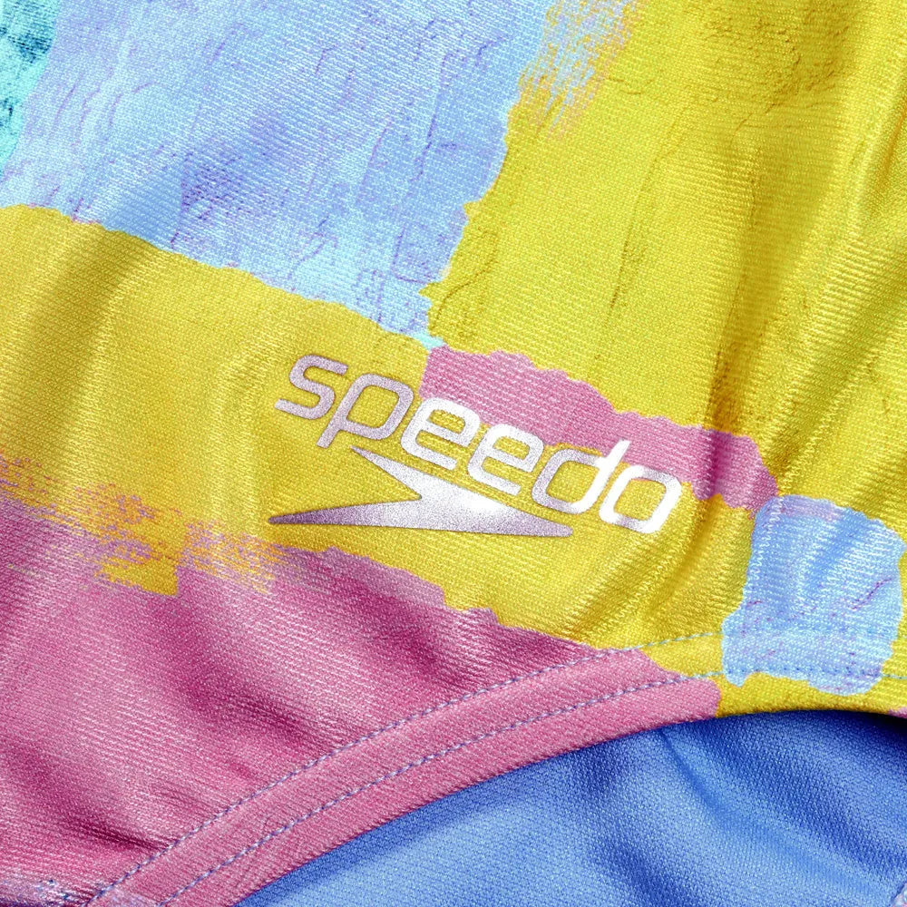 Speedo women's allover digital V-back swimsuit in vibrant Disco Peach, Curious Coral, Bitter Lime, Curious Blue, and Arctic Glass.