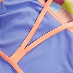 Speedo women's allover digital V-back swimsuit in Disco Peach, Curious Coral, Bitter Lime, Curious Blue, and Arctic Glass.