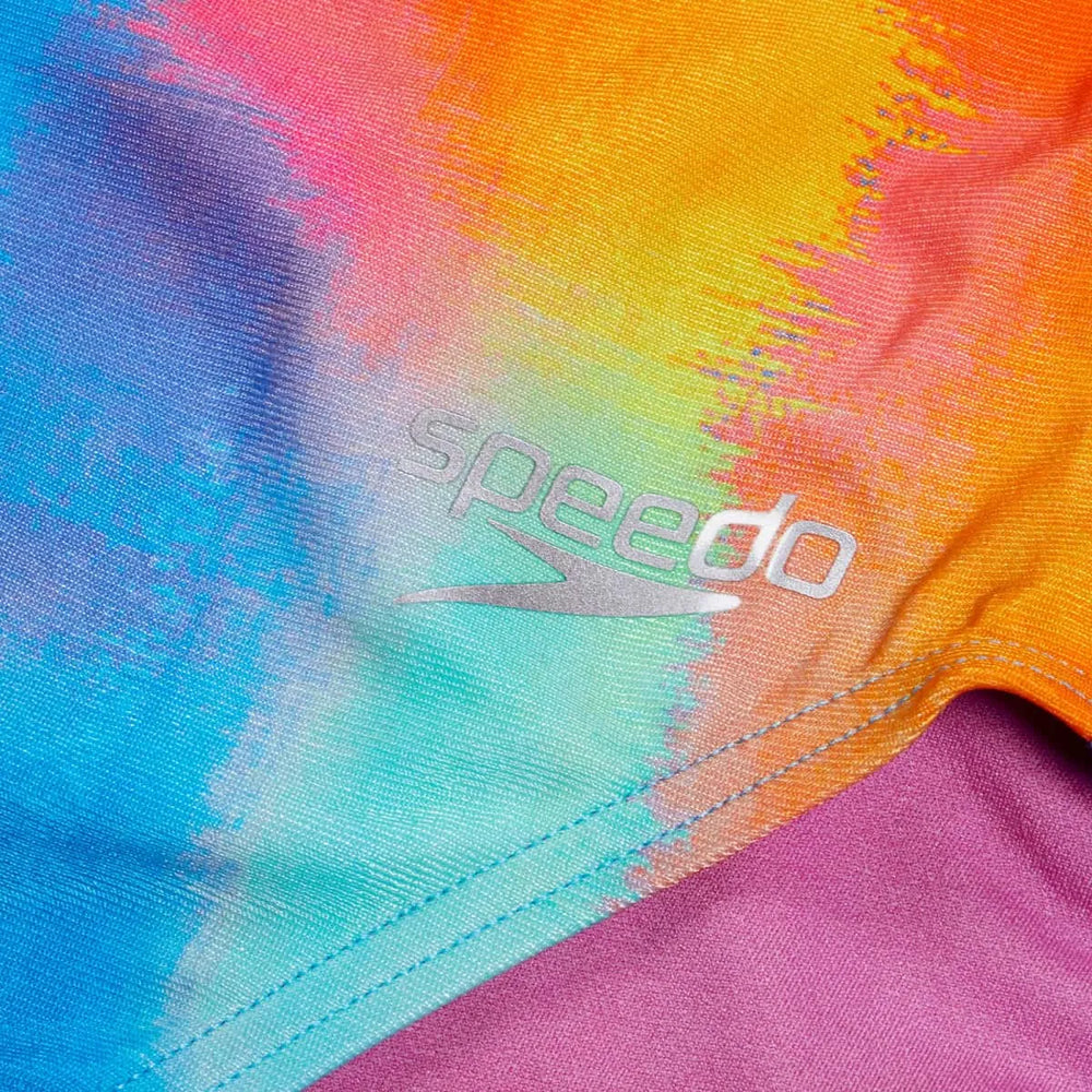 Speedo women's Allover Digital Vback swimsuit in Kiki Pink, Lemon Drizzle, and Picton Blue with vibrant abstract print.