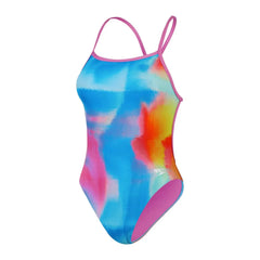Speedo women's allover digital V-back swimsuit in Kiki Pink, Lemon Drizzle, and Picton Blue, featuring vibrant swimwear design.