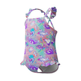 Speedo girls' digital frill thinstrap swimsuit in multi neon violet with a vibrant, colorful design suitable for swimming.