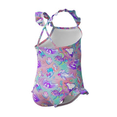 Speedo girls' digital frill thinstrap swimsuit in multi neon violet with colorful pattern and ruffle details, ideal for swimming fun.