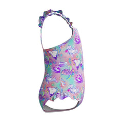 Speedo girls' digital frill thinstrap swimsuit in vibrant multi-neon violet, featuring colorful design and stylish straps.