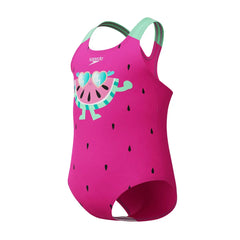 Speedo girls' digital printed swimsuit in neon bubblegum with colorful bubblegum pattern, suitable for young swimmers.
