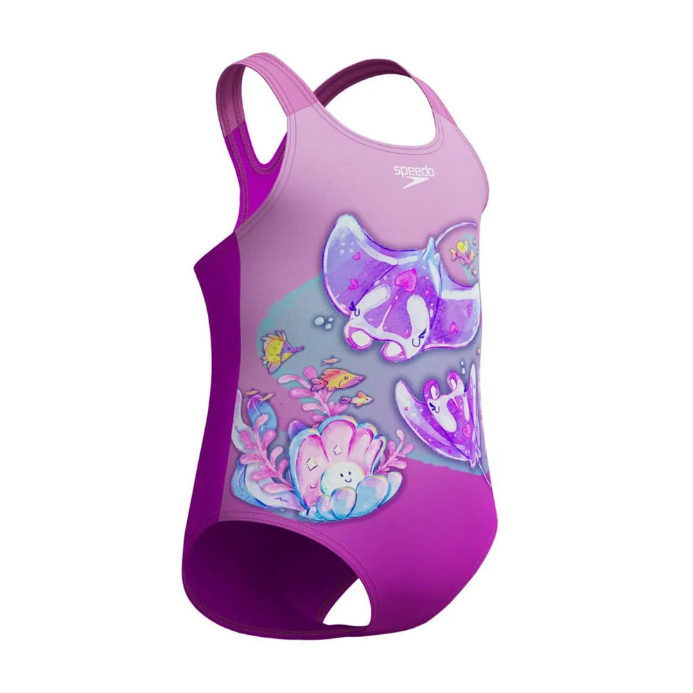 Speedo girls' digital printed swimsuit in neon violet, designed for swimming and active wear, with vibrant colorful pattern.