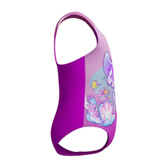 Speedo girls' digital printed swimsuit in neon violet, featuring vibrant design and comfortable fit for young swimmers.