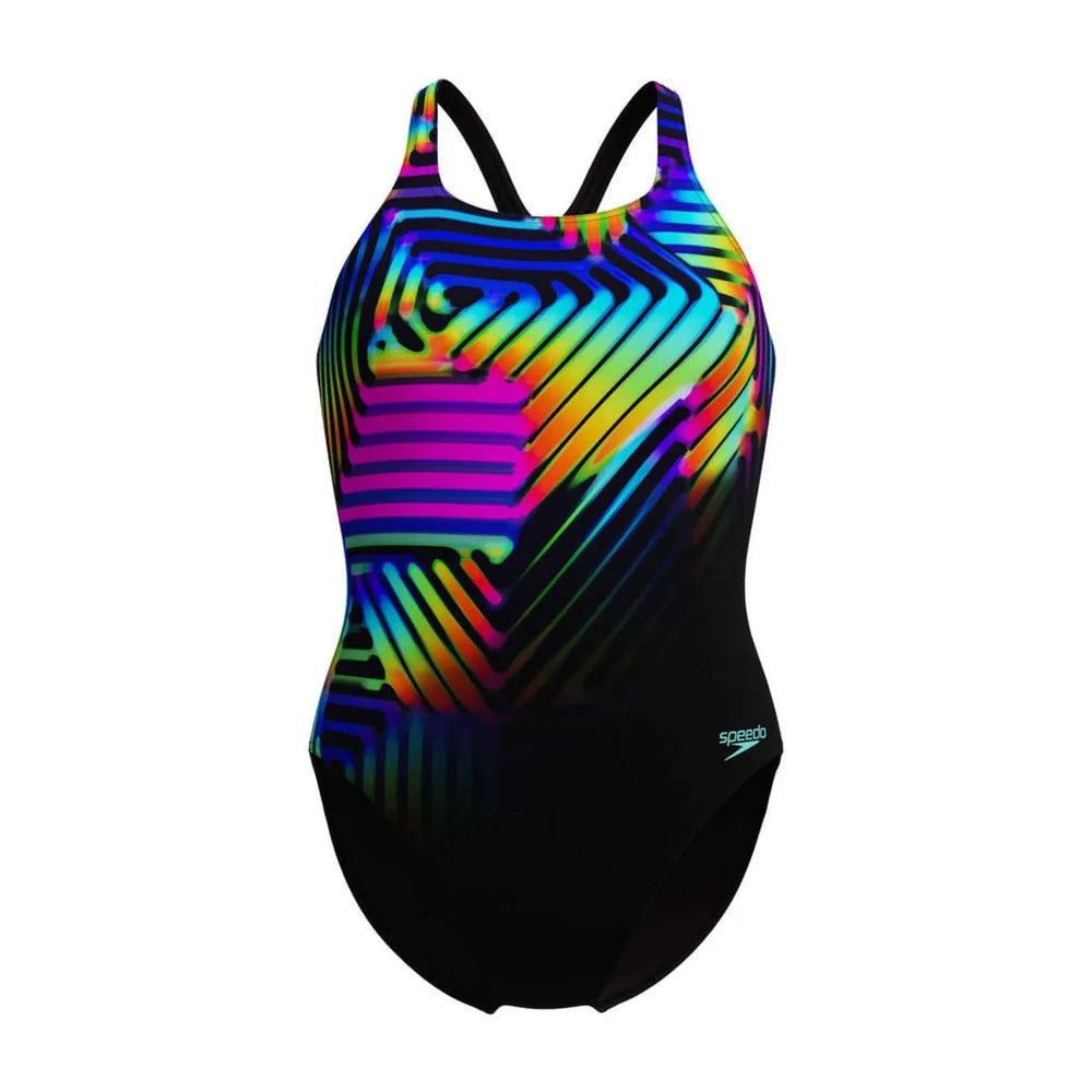 Speedo women's digital printed Medalist swimsuit in black, designed for competitive swimming, featuring vibrant patterns and a sleek fit.