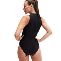 Speedo women's Hydrasuit swimsuit in black and white, sleek one-piece design for swimming and water activities