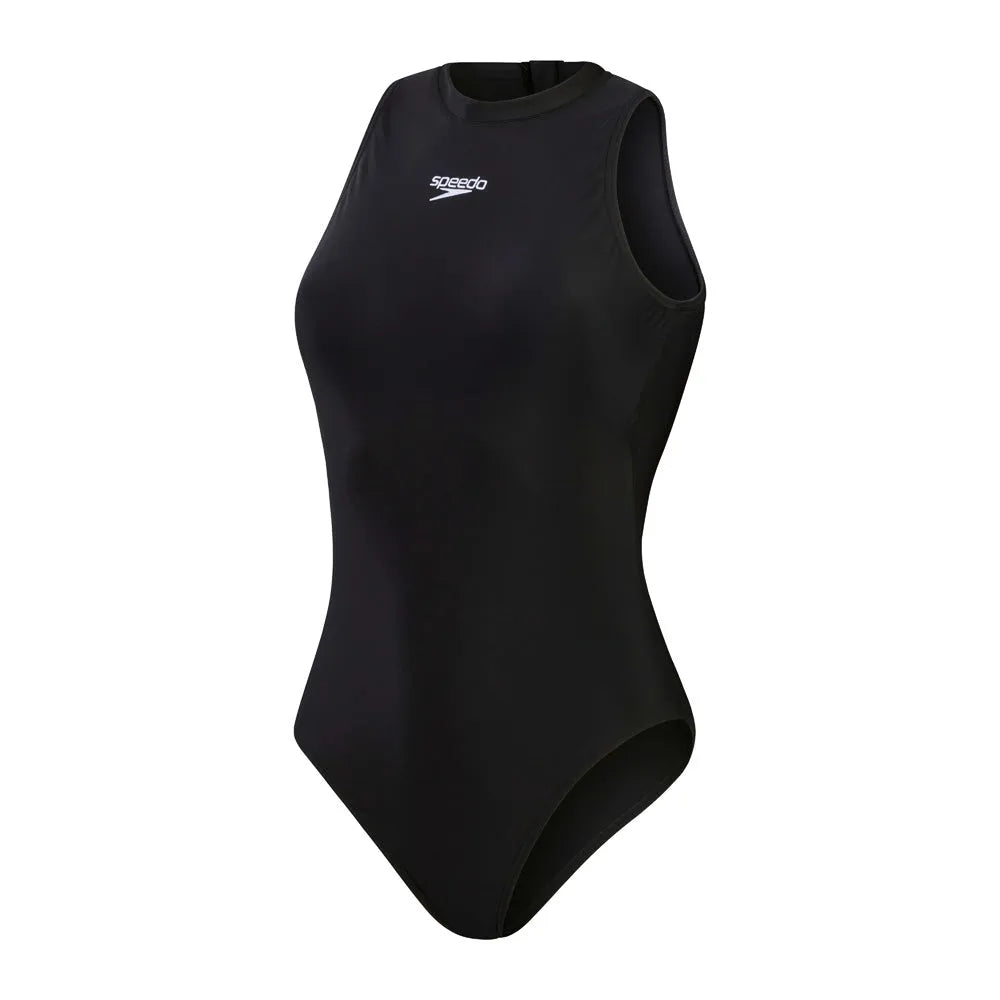 Speedo women's Hydrasuit swimsuit in black and white, featuring a sleek, fitted design for swimming and water activities.
